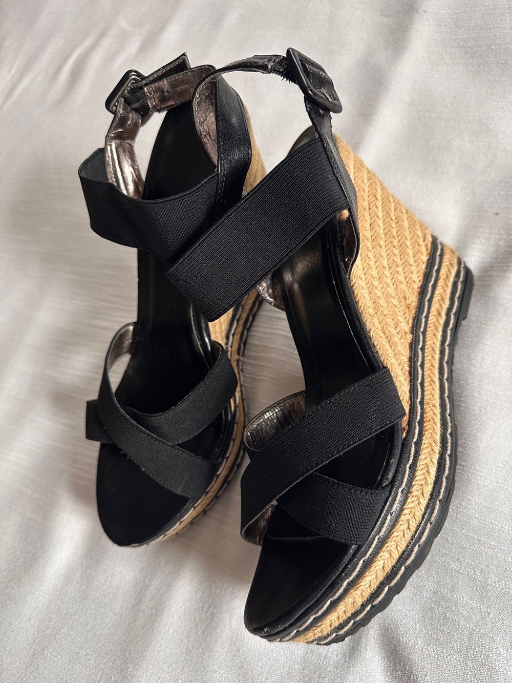 Charles by Charles David Thrice Black Elastic Espadrille Wedge Sandal | 8.5